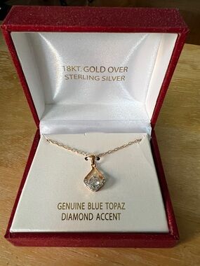18KT Gold Over Sterling Silver Blue Topaz Pendant Necklace